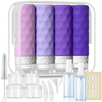 Silevoler 16pack Travel Bottles for Toiletries, TSA Approved Travel Size Containers Set, Leak Proof Refillable Liquid & Creams Toiletries Accessories Kit W/Toiletry Bag Purple
