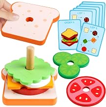 Stacking Wooden Hamburger Sandwich Toy, Kitchen Children's Wooden Montessori Toy Fake Food Toy Imitation Game Child Bread Puzzle Accessory Kitchen Utensils Toys (Sandwich)