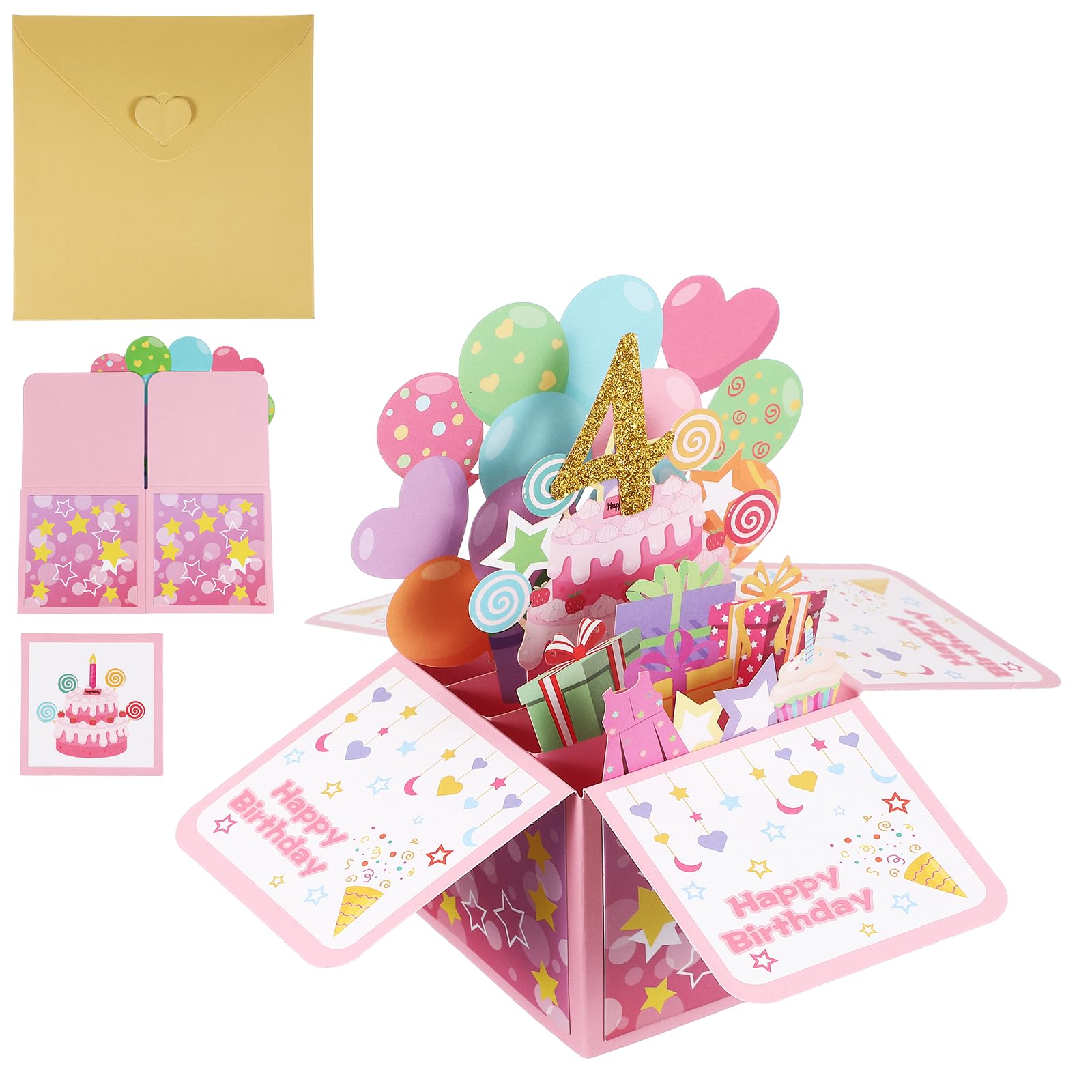 YOKIVE 4th Birthday Card, 4 Years Old Funny Birthday Card Happy Sweet with Greeting Card and Envelope 3D Open for Men Woman Gift Friends Party, Style 1 & Gold Pink