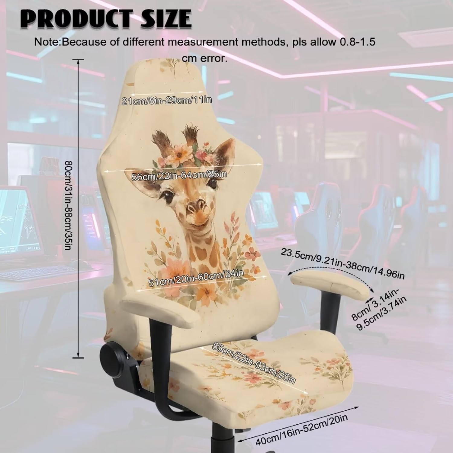 Giraffe Flower Print Gaming Chair Cover with Armrest Covers, Stretchable Rotating Chair Slipcover with Elastic Band Dustproof High Back Computer Seat Protector, Easy to Clean