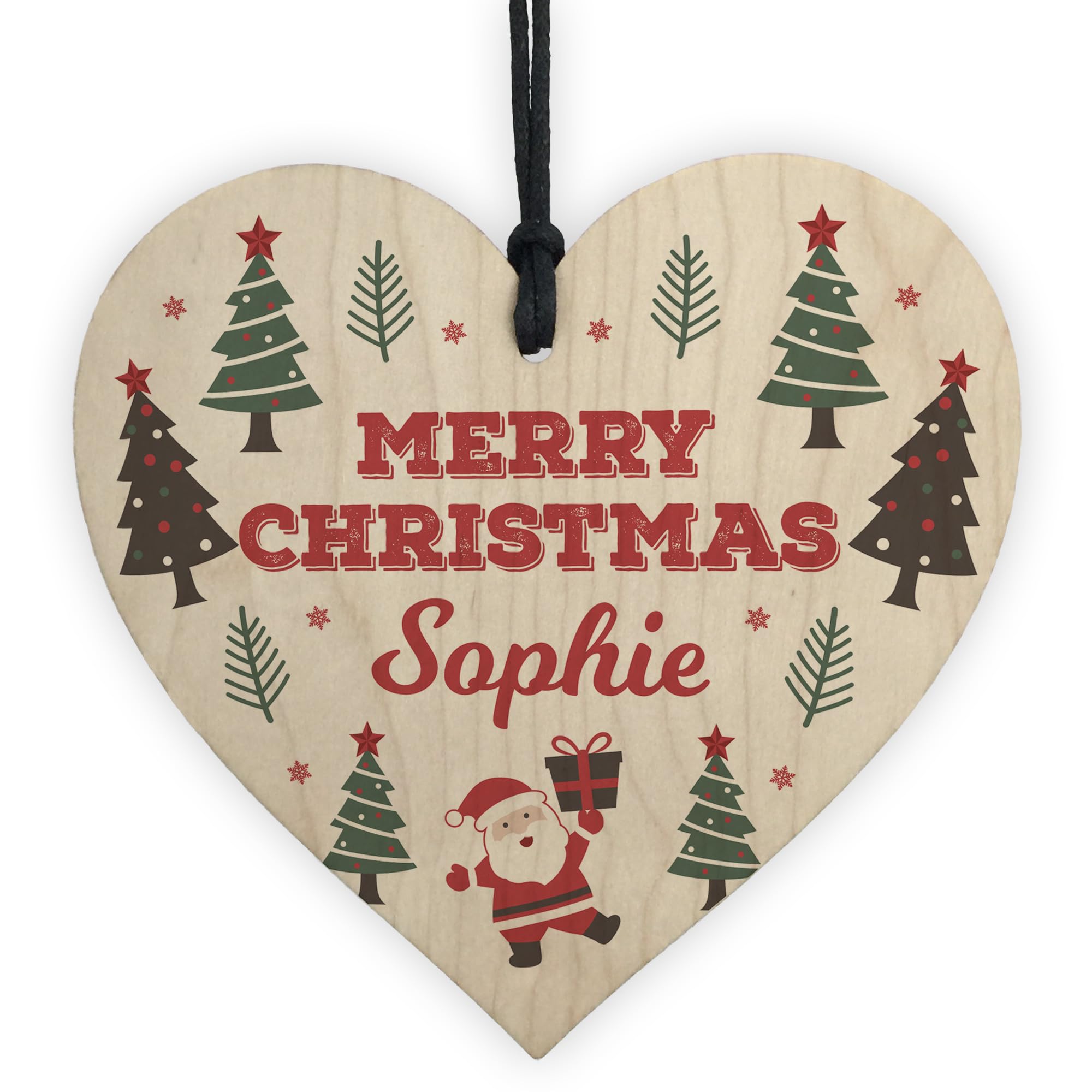 Red Ocean Merry Christmas Personalised Friends Family Colleagues Gift Wooden Heart Decoration, Secret Santa Gifts For Colleagues Friends, Personalised Gift Tag For Son Daughter Mum Dad (Design 2)