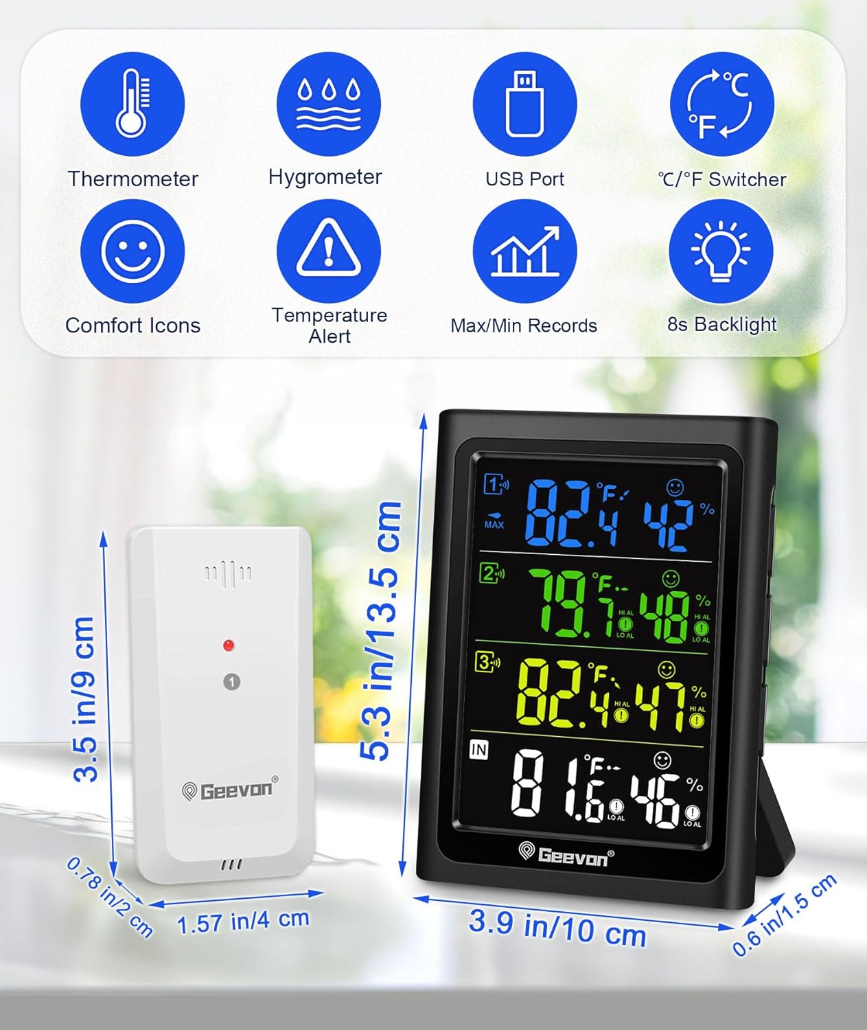 Geevon Weather Stations Wireless Indoor Outdoor Thermometer with 3 Outdoor Sensors, Large LCD Display Digital Temperature Humidity Gauge with Backlight (Color HD VA Display)