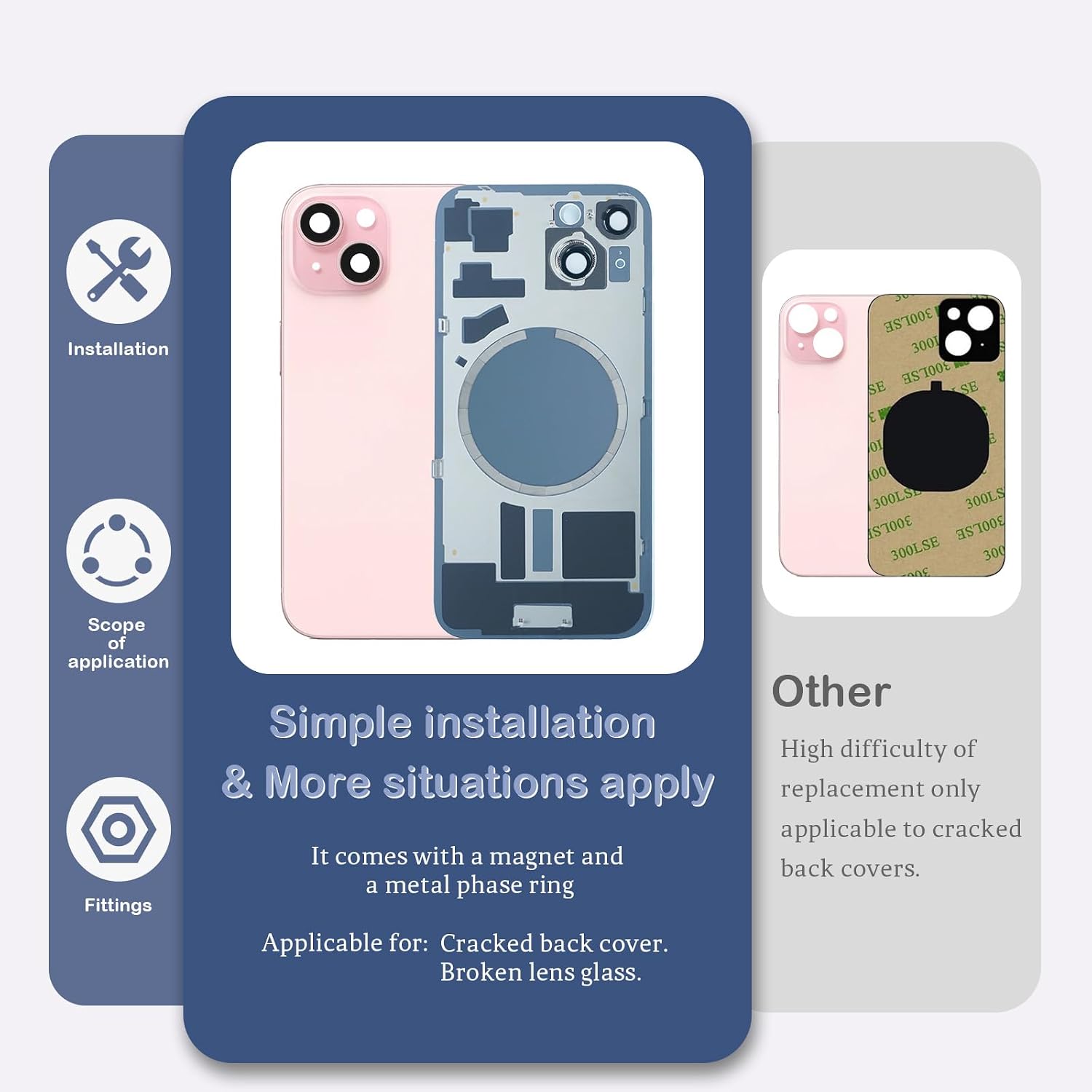 Back Glass Replacement for iPhone 15(6.1 inches,Pink) Integrated Glass & Magnet & Metal Phase Ring Repair Tools are Included