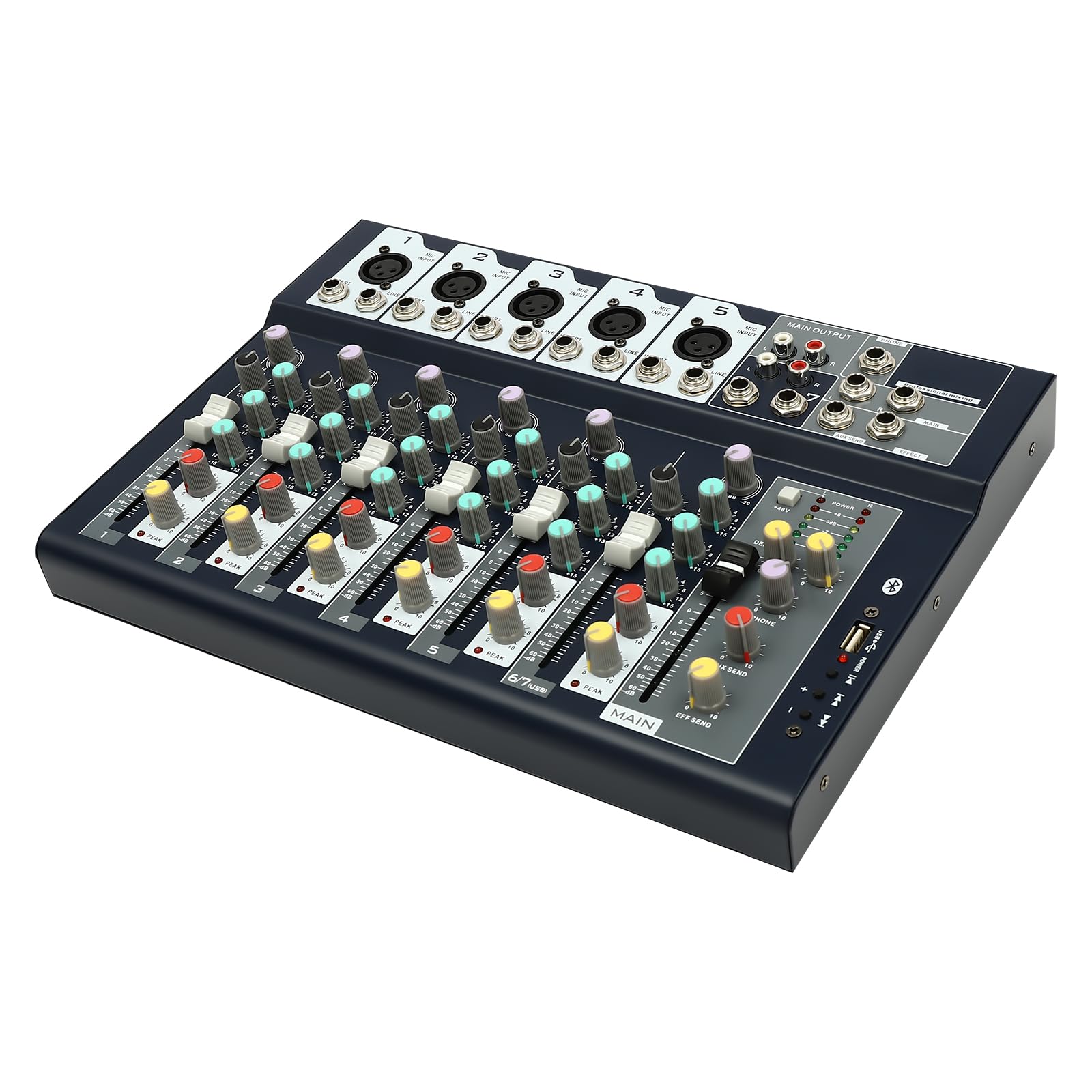 Mixer audio a 7 canali con Bluetooth e USB, alimentazione phantom da 48 V, equalizzatore a 3 bande, 5 effetti sonori, mixer stereo digitale per karaoke domestico, podcast, streaming live, band