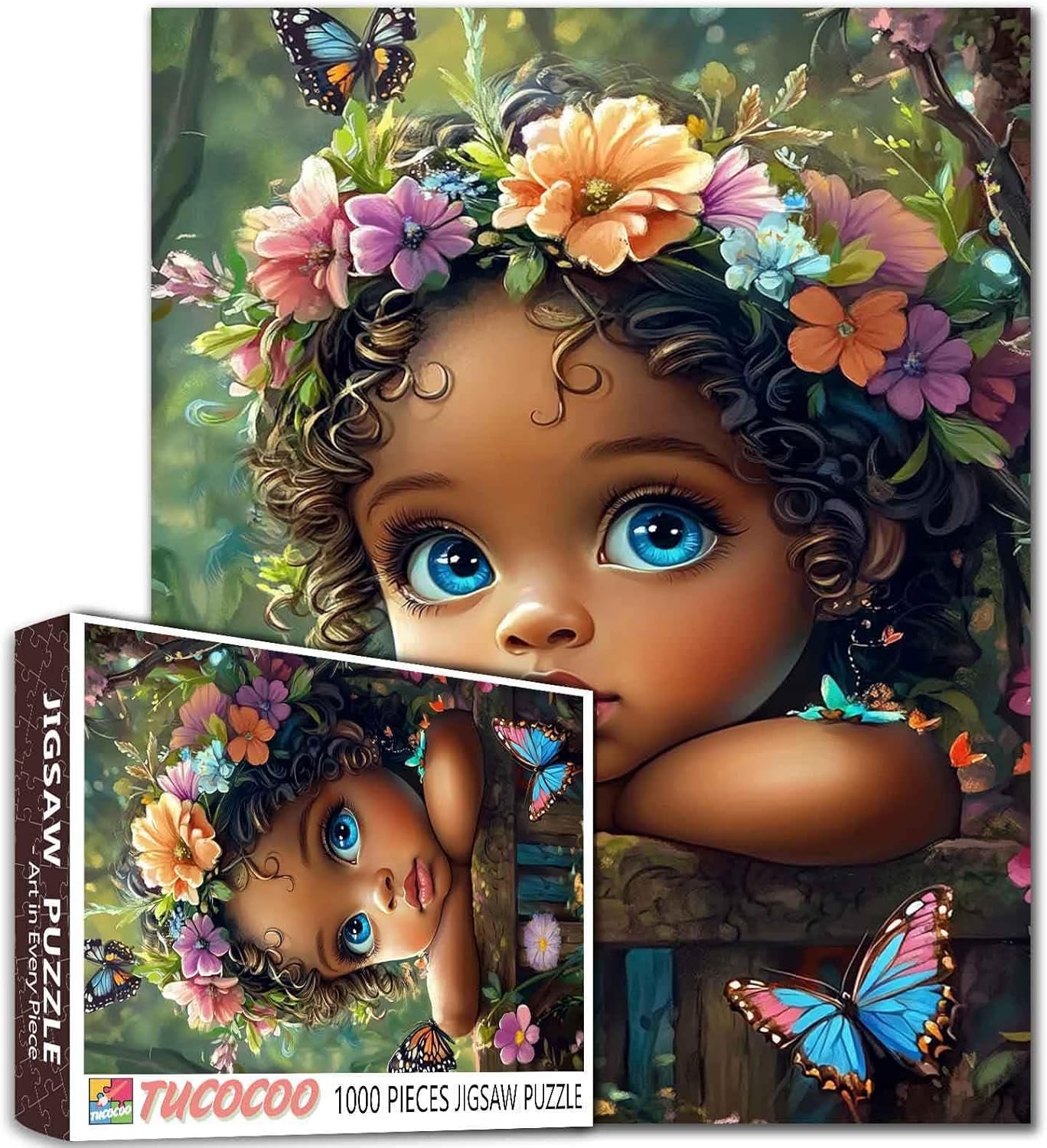 Africa Littel Girl 1000 Piece Jigsaw Puzzles for Adults Afro Black Girl Painting Jigsaw Puzzle Butterfly,Tropcial Forest 1000 Pieces Puzzles Game Home Wall Decor DIY Craft Puzzle Art Gift(Colorful)