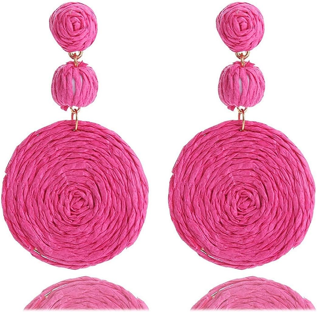 Rattan Earrings for Women Statement Boho Handmade Raffia Straw Wrapped Round Drop Dangle Earrings Summer Tropical Beach Jewelry Best Jewelry Gifts