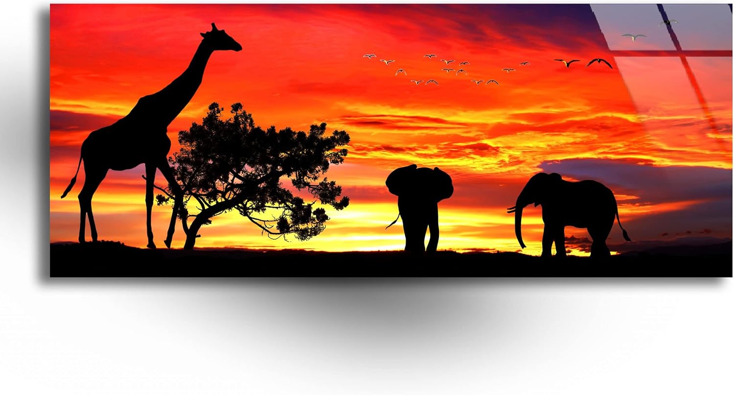 Myphotostation Safari Animals Wall Art Tempered Glass Wall Art 23.5Wx12H'' Wild Animals Panoramic Wall Art Modern Decor Glass Printing Large Wall Art Tempered Glass Panel Wild Lİfe African Wall Art