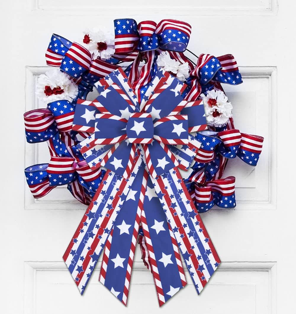 Large 4th of July Bow for Wreath, Patriotic Wreath Bow Red Blue Star Bows for Front Door Independence Day Indoor Outdoor Tree Topper Decoration Supplies Ornament