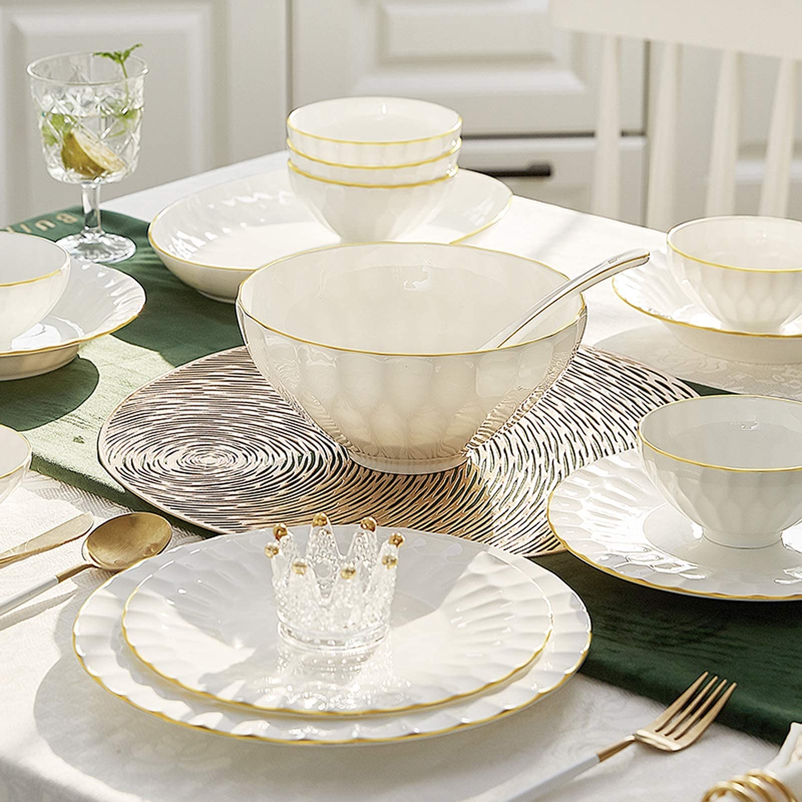 Zestaw naczyń / talerzyków / misek, ceramiczne zestawy obiadowe, 60-częściowy zestaw zastawy stołowej z porcelany kostnej Phnom Penh | Porcelanowa miska na płatki śniadaniowe i zestaw talerzy