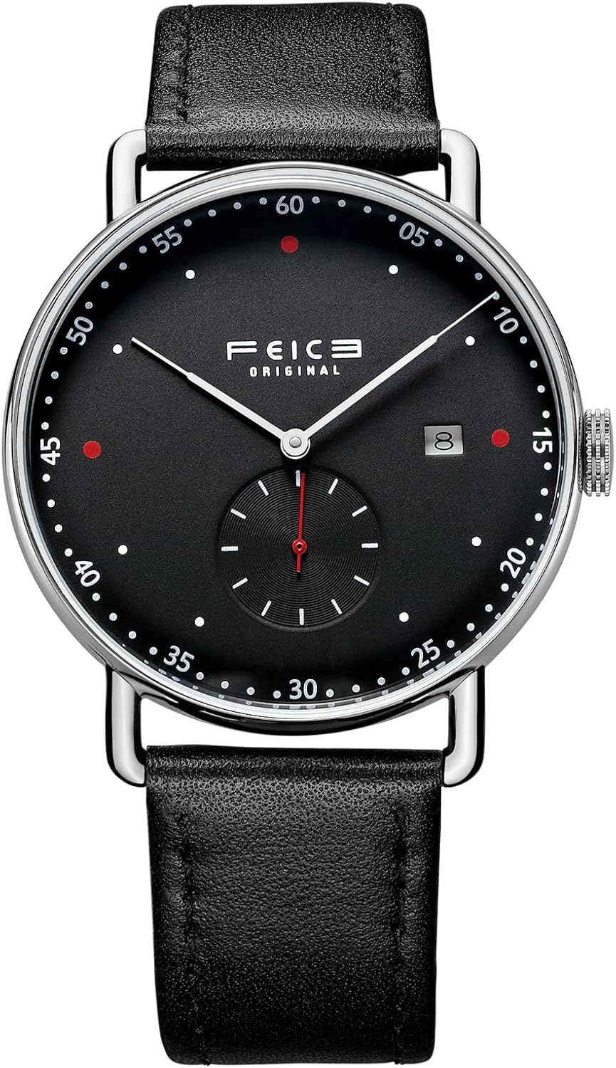FEICE New Men's Automatic Watch Unisex Classic Minimalistic Mechanical Watch Curved Mirror Waterproof Casual Dress Watches with Leather Bands -FM506