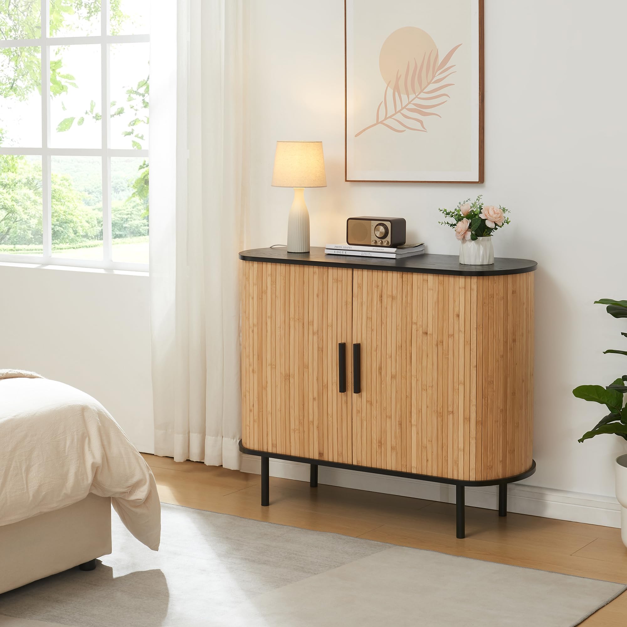 [en.casa] Comò con 2 Ante Scorrevoli Piano Ovale Credenza con 8 Scomparti Chiusi Mobile Multiuso Camera da Letto Soggiorno Cucina 100 x 40 x 80 cm - Nero/Color Naturale