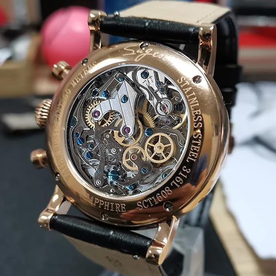 SUGESS SU1908GWX Swan Neck Wristwatch, Mechanical Moonpheeze Wristwatch, Men's, Analog Watch, ST1908 Hand-Wind Movement, Sapphire Crystal, Chrono Watch, Luxury, See-Through Back, Stylish