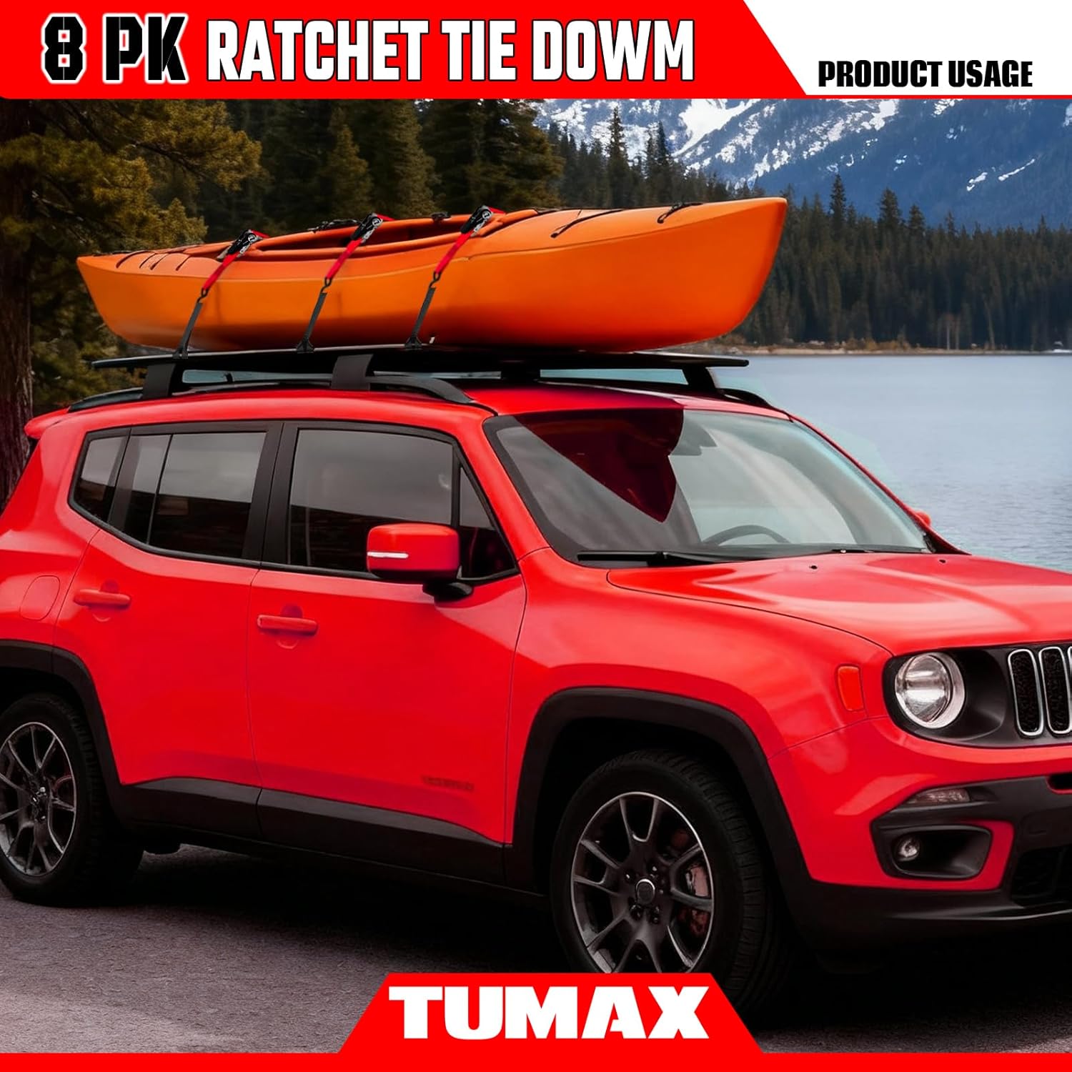 8PK 1" x 10FT Red Ratchet Tie Down Straps - 300 lbs Working Load Capacity, 900 lbs Break Strength - Durable Straps for Truck, Trailer and RV Cargo