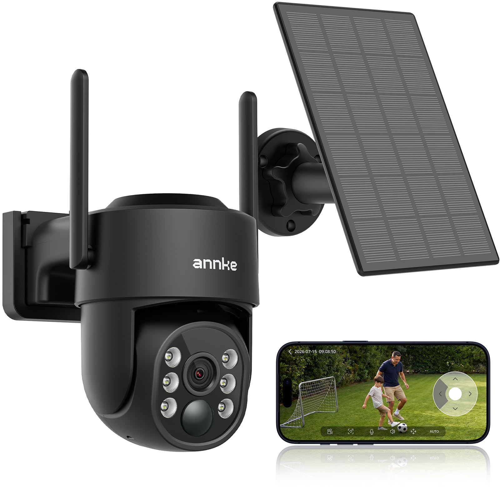 ANNKE 4MP Überwachungskamera Aussen Akku Solar, 360° Schwenk, 2,4/5GHz WiFi | WLAN Kamera Outdoor Kabellos mit Farbnachtsicht, 9000mAh, 2-Wege-Audio, PIR Bewegungsmelder, Spotlights, kompatibel mit Alexa