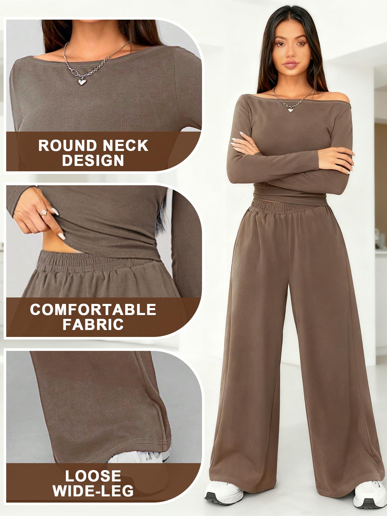 Conjunto deportivo de 2 piezas para mujer, de manga larga, pierna ancha, informal, a juego — view 4