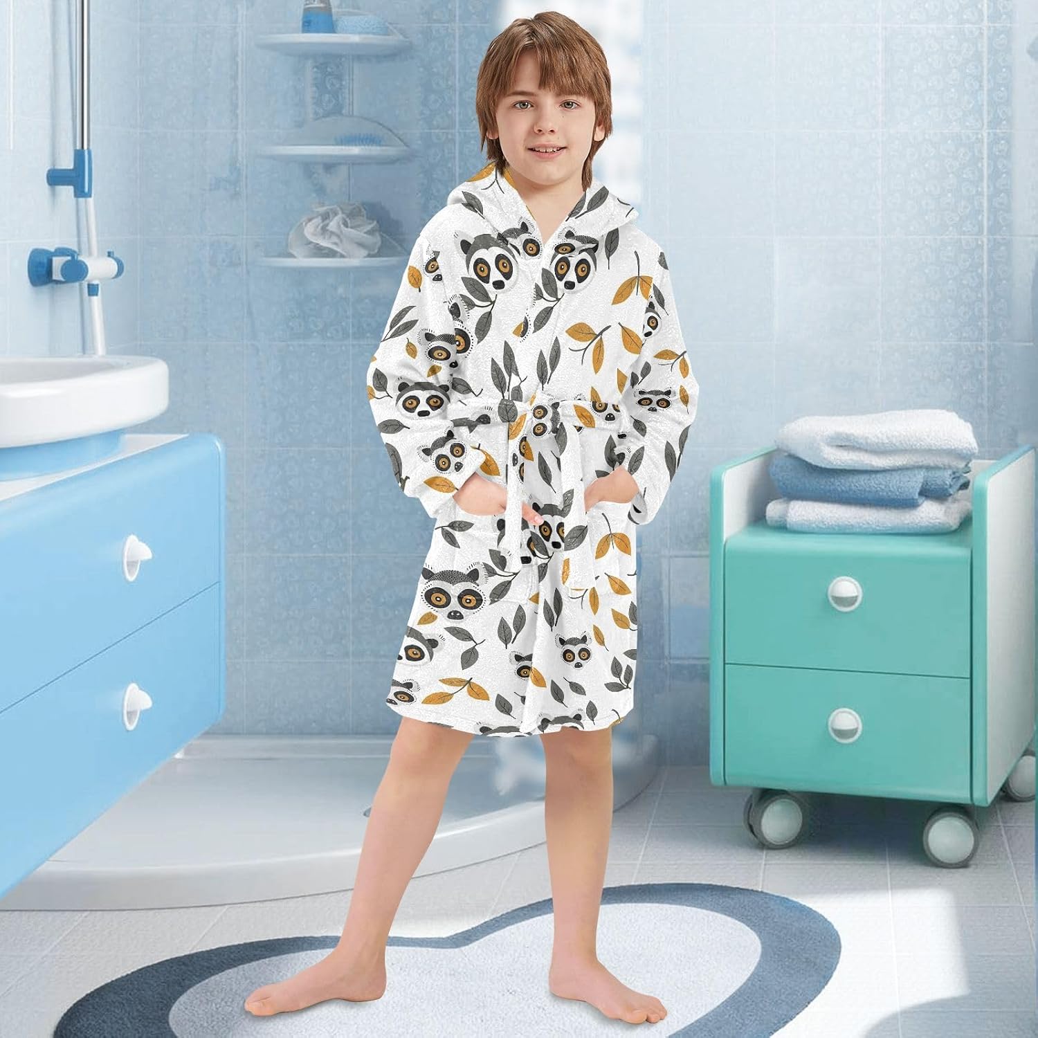 Cute Lemur Prints Toddler Hooded Bathrobe for Boys Girls Soft Plush Bath Towel Robe 2-12 Years