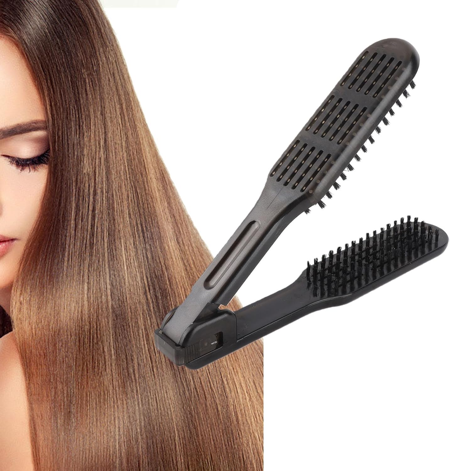 Double-Sided Boar Bristle Hair Straightening Comb with Clamp - Hair Detangler and Styling Tool to Reduce Split Ends