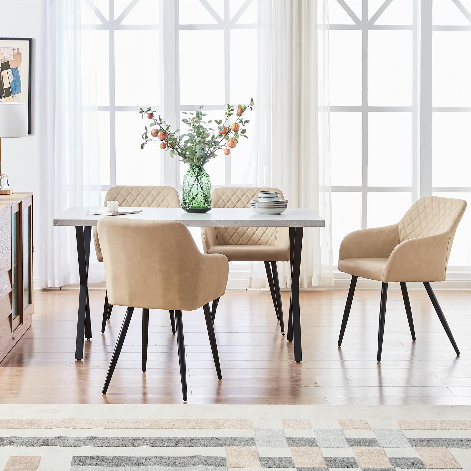 TUKAILAi Lot de 1 Chaise de Salle à Manger Rembourrée PU, Chaise de Cuisine Simili Cuir avec Dossier et Accoudoirs, Pieds en Métal Ergonomique pour Salon Bureau Pas Cher (Beige)