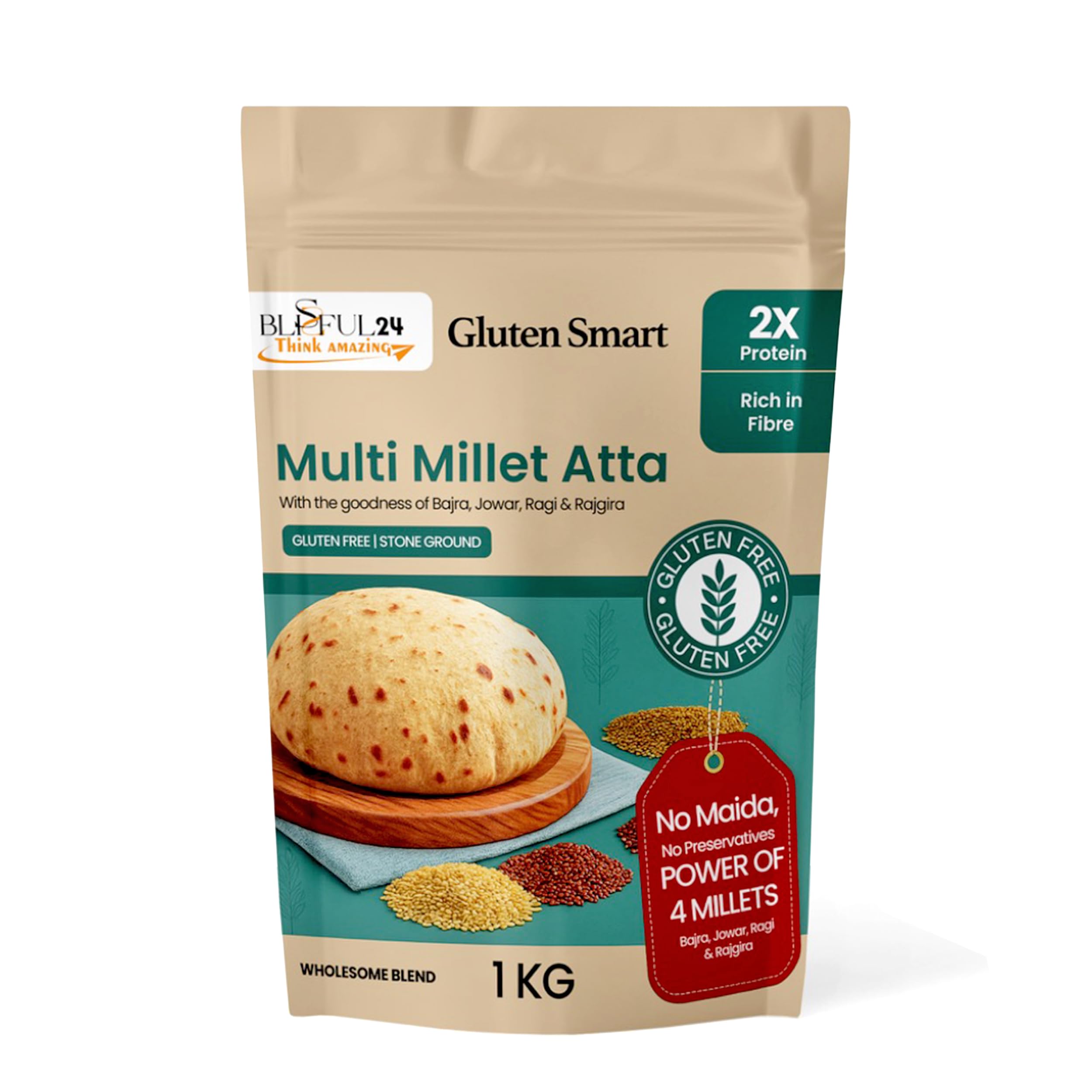 BLISSFUL24 Multi Millet Atta – Gluten-Free Stone Ground Flour with Bajra, Jowar, Ragi & Rajgira | High Fibre & Protein-Rich Blend (900g)-image-24