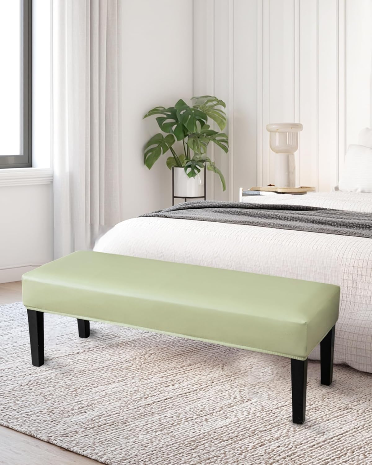 CRFATOP PU Dining Bench Slipcover Waterproof Bench Seat Cushion Covers Stretch Upholstered Bench Slipcover Removable Washable Dining Chair Slipcovers for Bedroom Living Room,Light Green