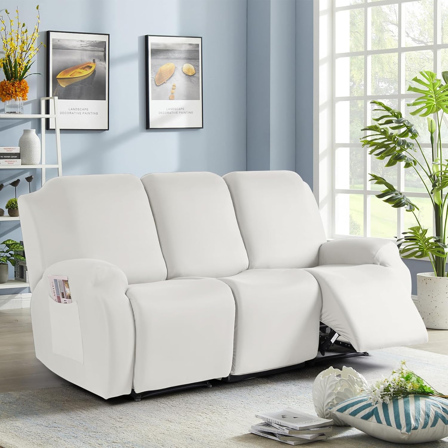 TAOCOCO Recliner Sofa Slipcover, 3 Pieces Polyester Fabric Stretch Sofa Covers for 3 Seat Reclining Couch, Soft Washable Furniture Protector with Pockets (3 Seat, Milk White)
