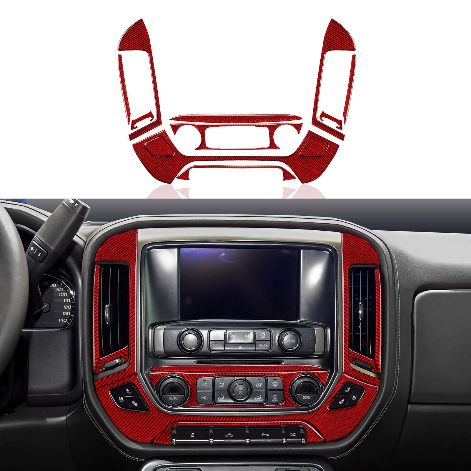 Car Carbon Fiber Central Control Navigation Panel A Sticker Cover Interior Trim Decal for Chevrolet Silverado/GMC Sierra 1500 2500HD 3500HD 2014-2018 Accessories(Red)