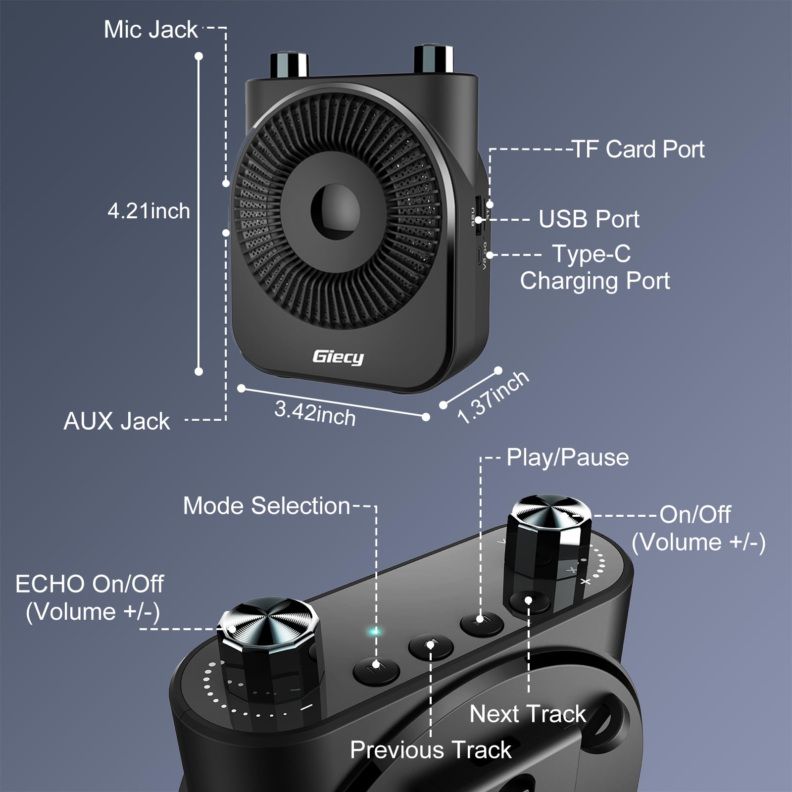 Amplificatore Vocale portatile con Microfono Cuffia Wireless UHF, Ricaricabile 2600mAh, Batteria a Lunga Durata, Mani Libere per Insegnanti, Guide Turistich, Attività all'Aperto