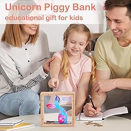 Piggy Bank for Kids, Wooden Money Coin Bank for Boys and Girls, Dinosaur Unicorn Piggy Banks with DIY Stickers for Birthday, Easter Gifts (Mermaid)