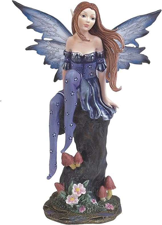 ICE ARMOR 8 H Purple Fairy with Clear Wings Sitting on Tree Trunk Statue Fantasy Decoration Figurine