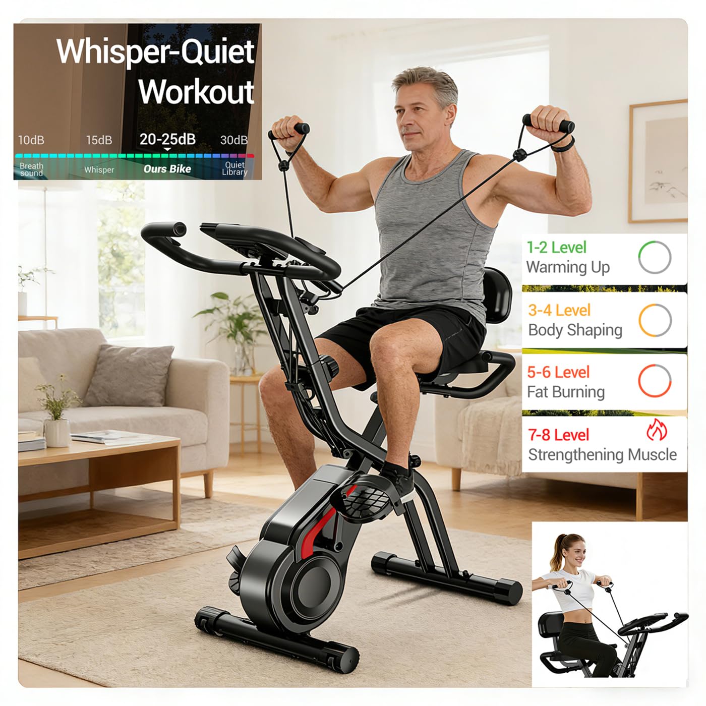 Mengmiao Cyclette Pieghevole 5 in 1 – Bici Statica Magnetica per Casa con Schienale