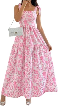 GORGLITTER Womens Floral Maxi Dress Boho Beach Flowy Long Sundress | Picnic Casual Vacation Outfits, Bow Tie Smocked Tiered Ruffled Dress, Resort Wear