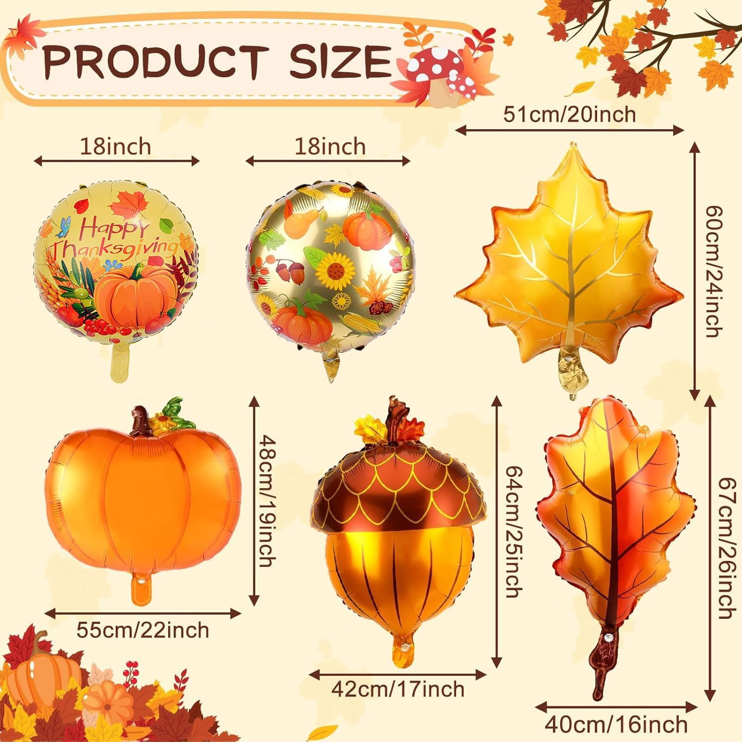 18PCS Fall Balloons Friendsgiving Balloon Orange Pumpkin Maple Leaf Pine Cones Mylar Foil Balloon Autumn Balloons for Happy Thanksgiving Baby Shower Birthday Fall Party Decoration