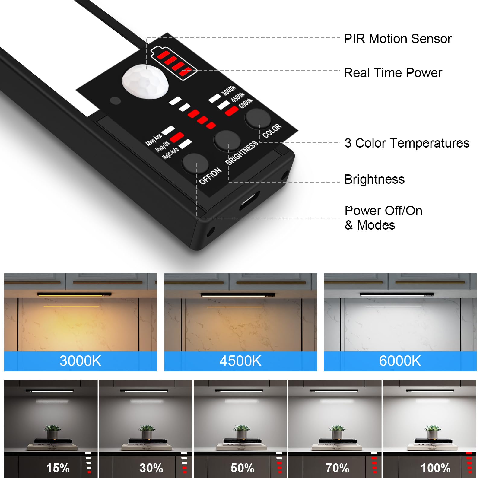 YELKO Under Cabinet Lighting 12inch Led Motion Sensor Cabinet Lights 1500mAh Battery Operated Closet Lights Cordless Rechargeable Motion — view 2