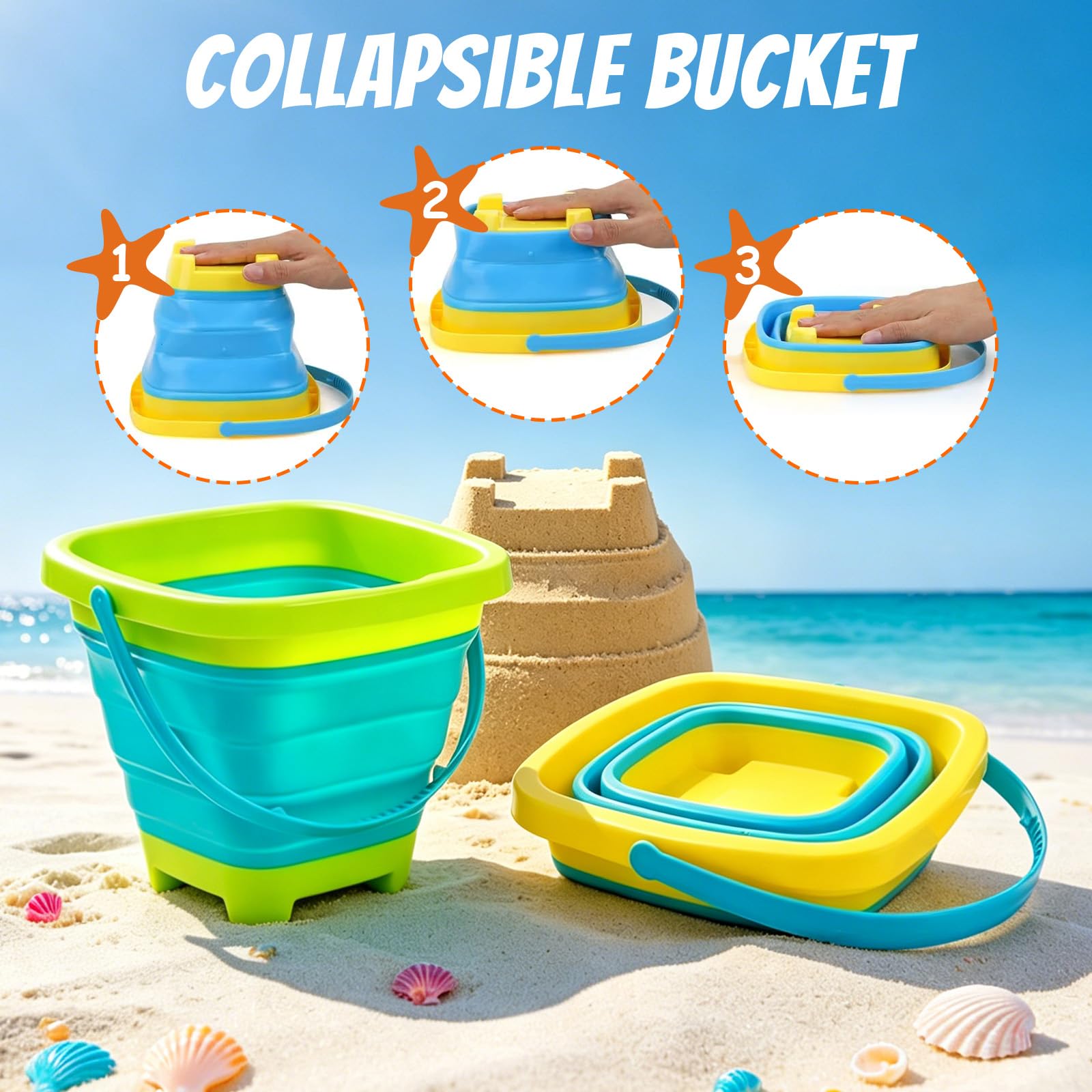 Sandspielzeug Set, Strandspielzeug für Kinder ab 1 2 3 4 5 Jahre, 25 PCS Sandkasten Spielzeug mit 2 Sandschaufel, Faltbarer Eimer, Sandsieb, Netzbeutel, Edelsteinen, Für Jungen Mädchen