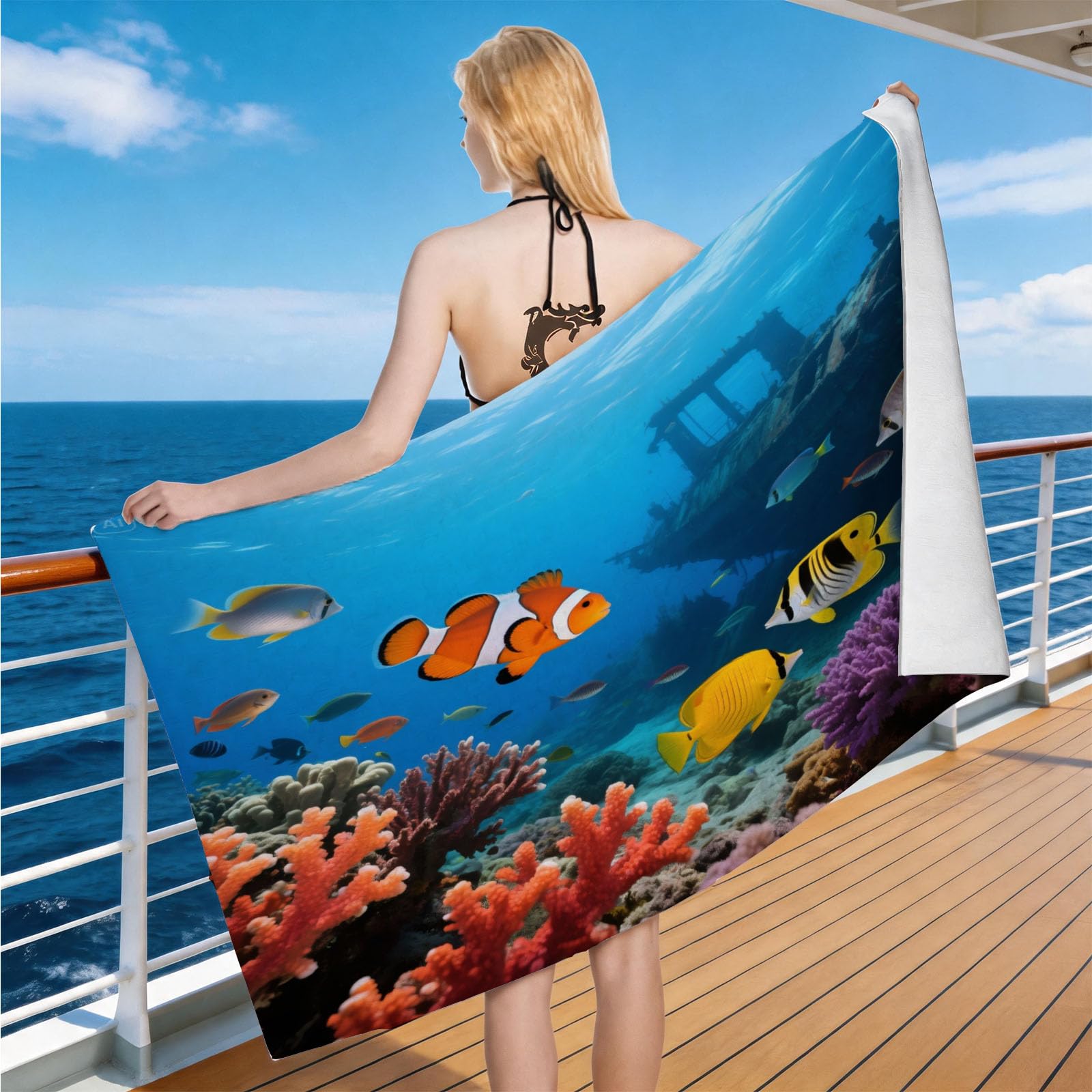 Hongduo Microfiber Quick Dry Beach Towel Underwater Coral Reef, 3D Clown Fish Beach Towels Absorbent Fast Drying Bath Towels, Travel Camping Gym Swimming Bathroom (90x180cm)