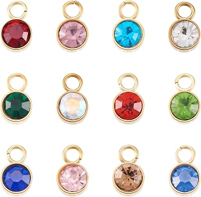 24Pcs Glass Rhinestone Charms Birthstone Charms Flat Round Crystal Charms Diamond Pendants Earring Charms for Jewelry Making Bracelet Necklace Earring Pendant Craft Supplies DIY,Golden