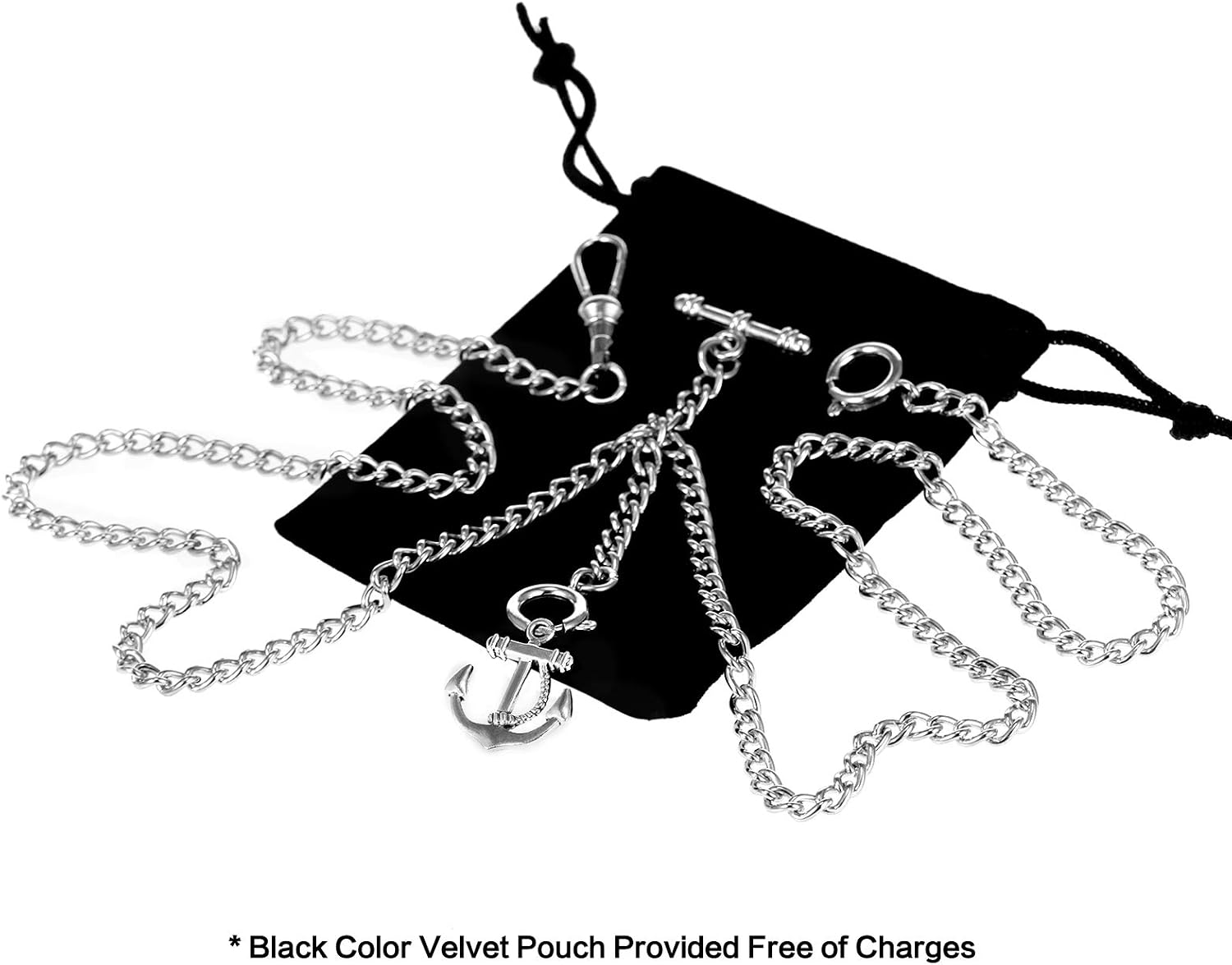 TREEWETO Men's Double Albert Chain Pocket Watch Curb Link Key Chain 3 Hooks with Antique Anchor Pendant Design Charm Fob T Bar