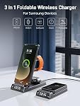 Wireless Charger for Samsung Charging Station with Clock for Samsung Galaxy S25 Ultra/S24/Z Flip 7/Fold 6/Bud, Watch Charger for Samsung Galaxy Watch 8/7/6/5Pro, 3 in 1 Foldable Charging Station Grey