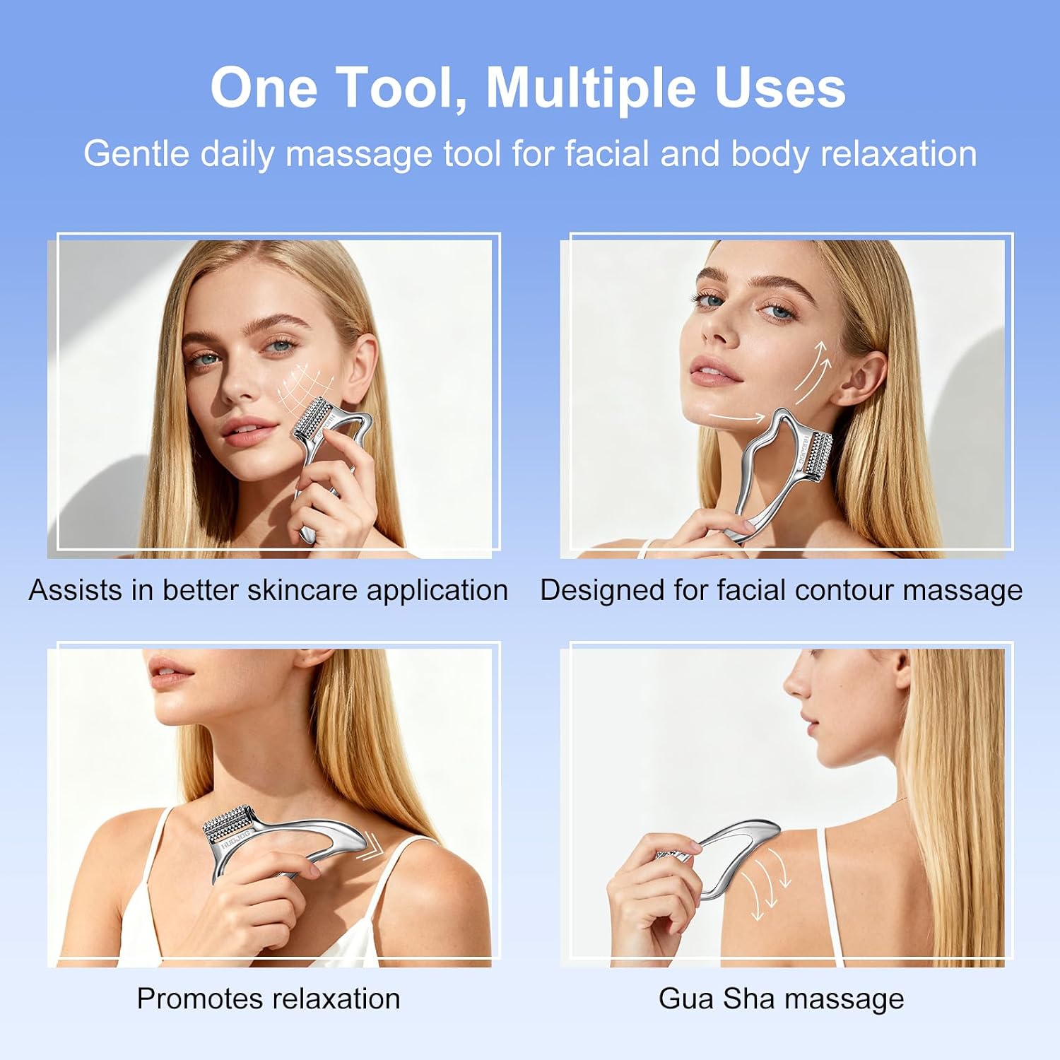 Face Massage Roller for Muscle Tension Relief, Metal Facial & Body Massage Roller with Gua Sha Edge, Neck, Hand & Foot Massager Tool for Daily Relaxation, Skin Care Tools
