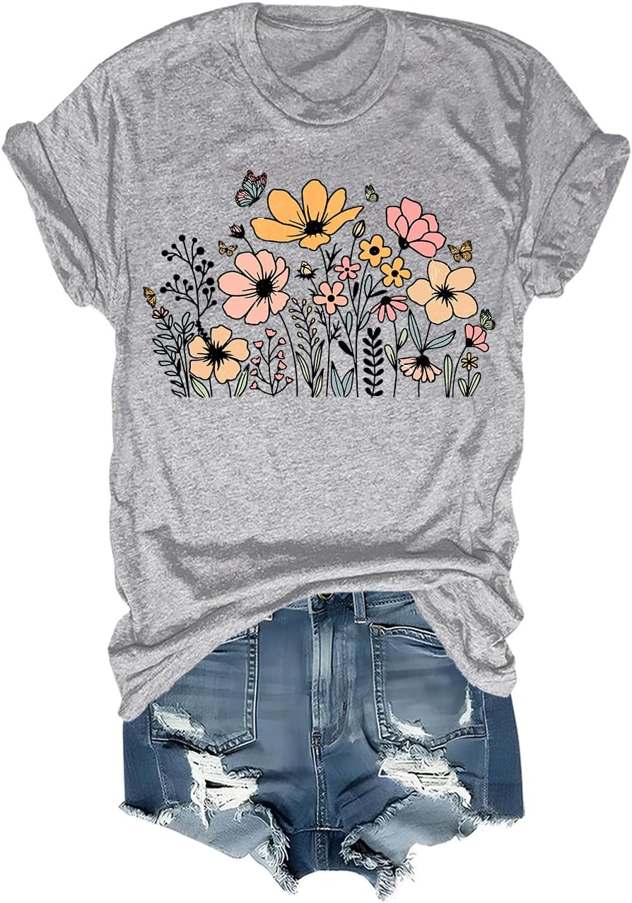 Womens Graphic Tee Vintage Boho Wildflower Floral Printed Casual Fall Outfits for Women 2025 Floral Tops