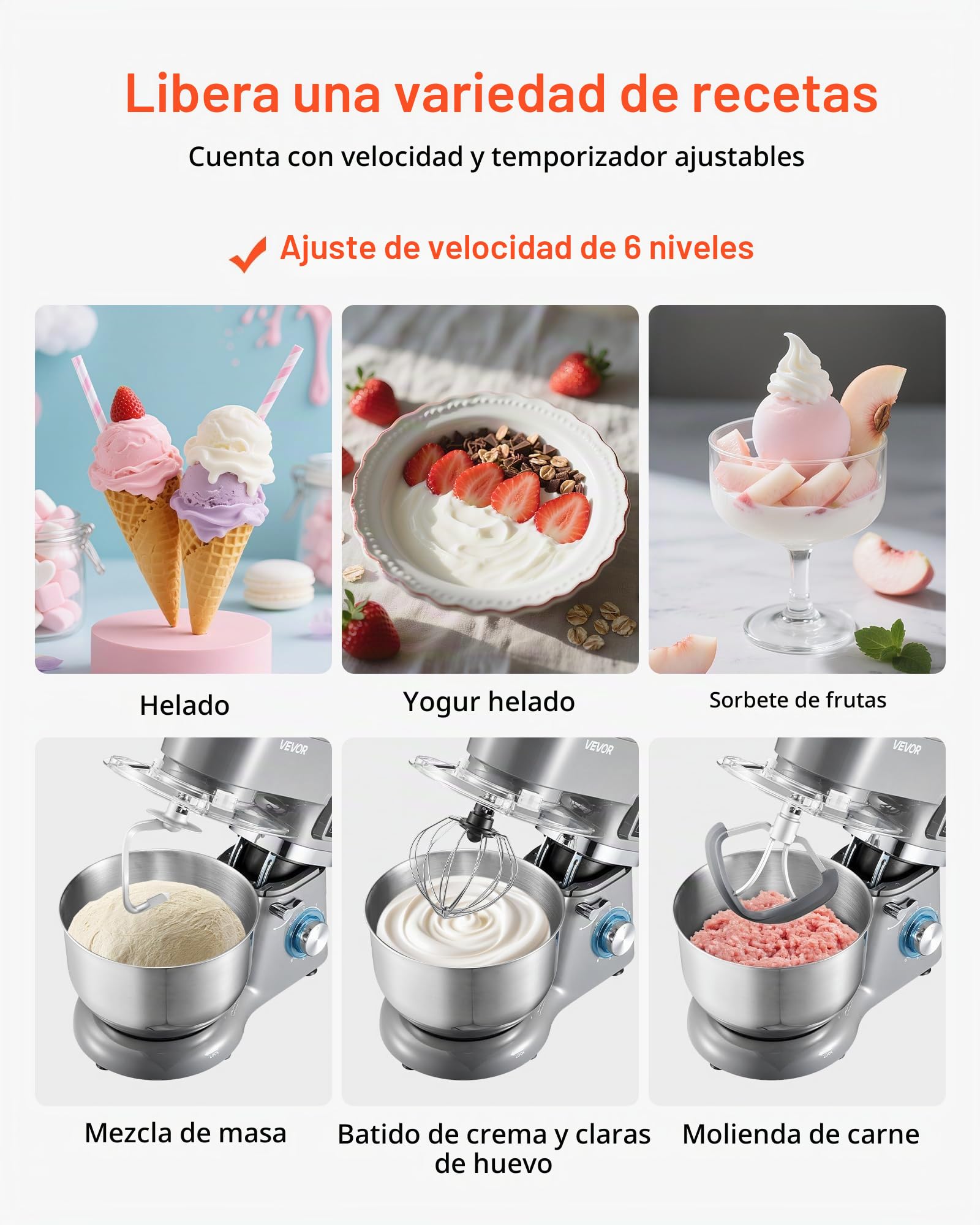 VEVOR Batidora de Pie de Helados 1,7 L, 6 Velocidades, Pantalla Digital LED, Temporizador, Paleta para Mezclar, Gancho para Masa y Protector contra Salpicaduras, Gris, 1400 W, 375 x 212 x 305 mm