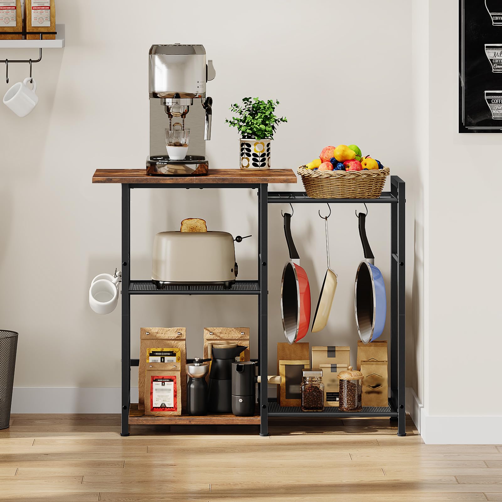 HOOBRO Estantería de Panadería, Organizador de Cocina, Estante de Microondas, Estación de Bar de Café, para Espacios Pequeños, Comedor, Marrón Rústico y Negro EBF15HB01