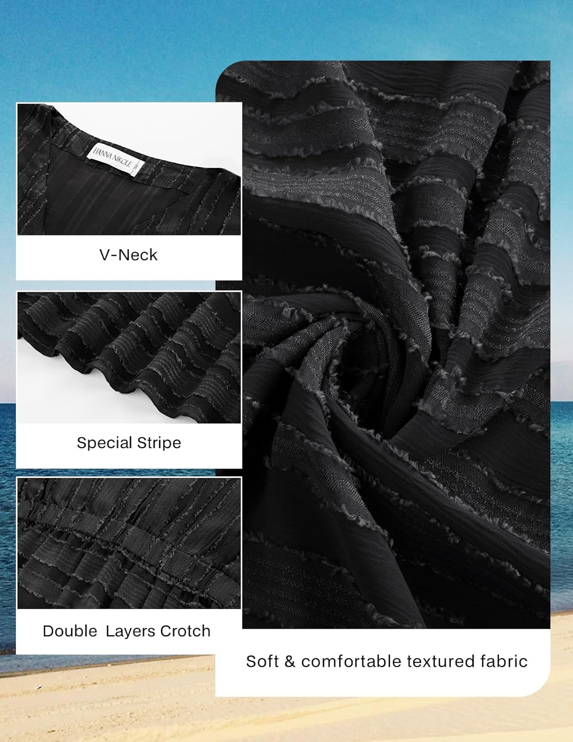 Hanna Nikole Plus Size Swimsuit Coverup, Textured Striped Elastic Waisted Coverups, V Neck Side Split Beach Cover Up - Image 5