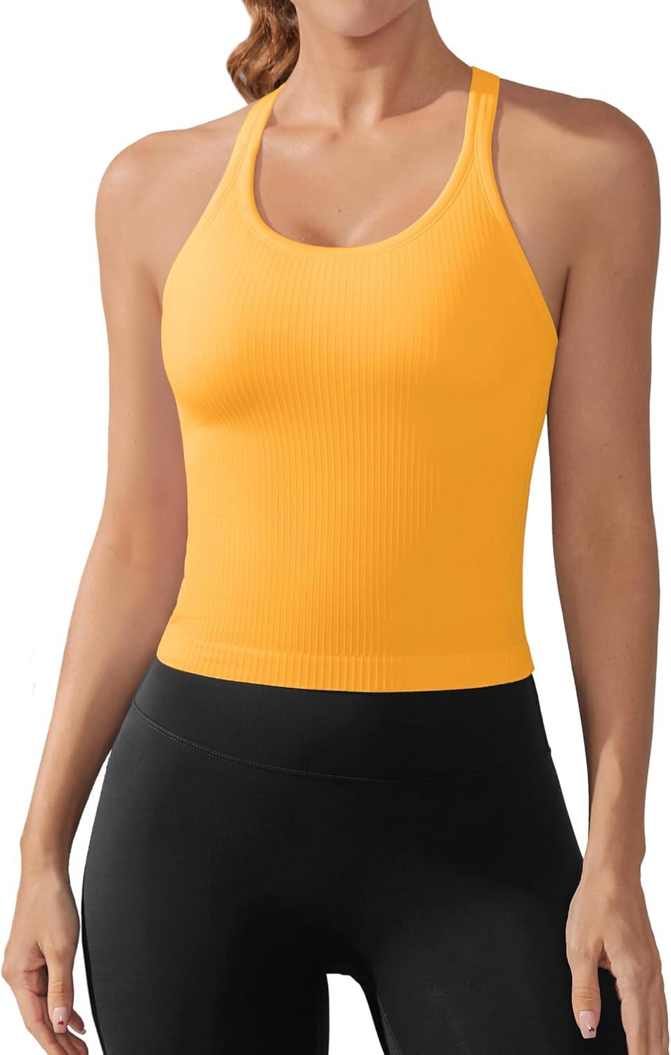 ATTRACO Women Ribbed Workout Crop Tops with Built in Bra Yoga Racerback Tank Top Tight Fit
