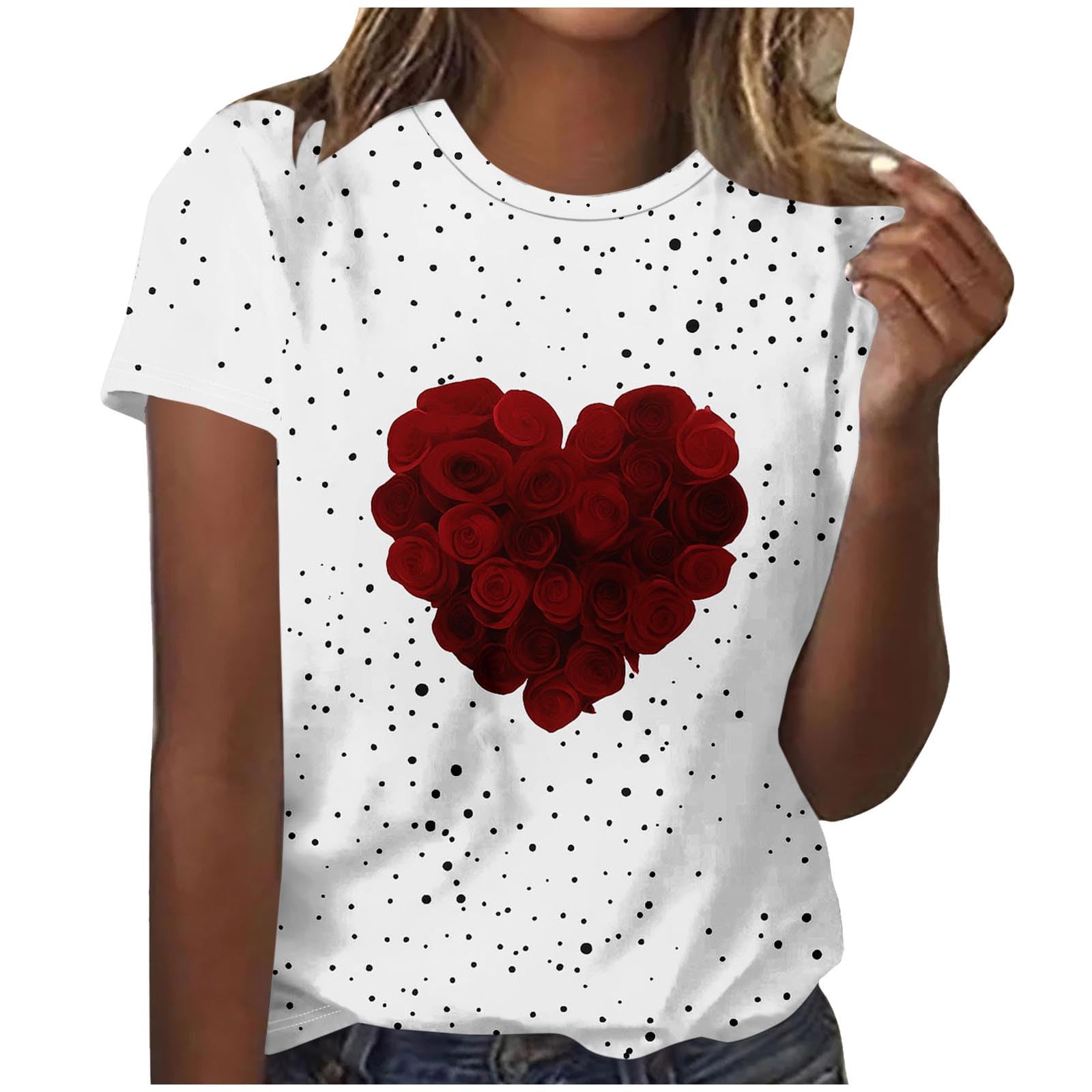 Valentine Shirts for Women Love Heart Print Short Sleeve T Shirt Lightweight Casual Outdoor Holiday Fashion Ladies Tops