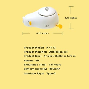 SIPA Cute Mini Duck Fan, Design Portable Fan, Hanging Neck Fan, Hands- free Fan, USB Rechargeable, 3-Speed, Safe Bladeless Design, Neck Hang, Good for Indoor, Outdoor