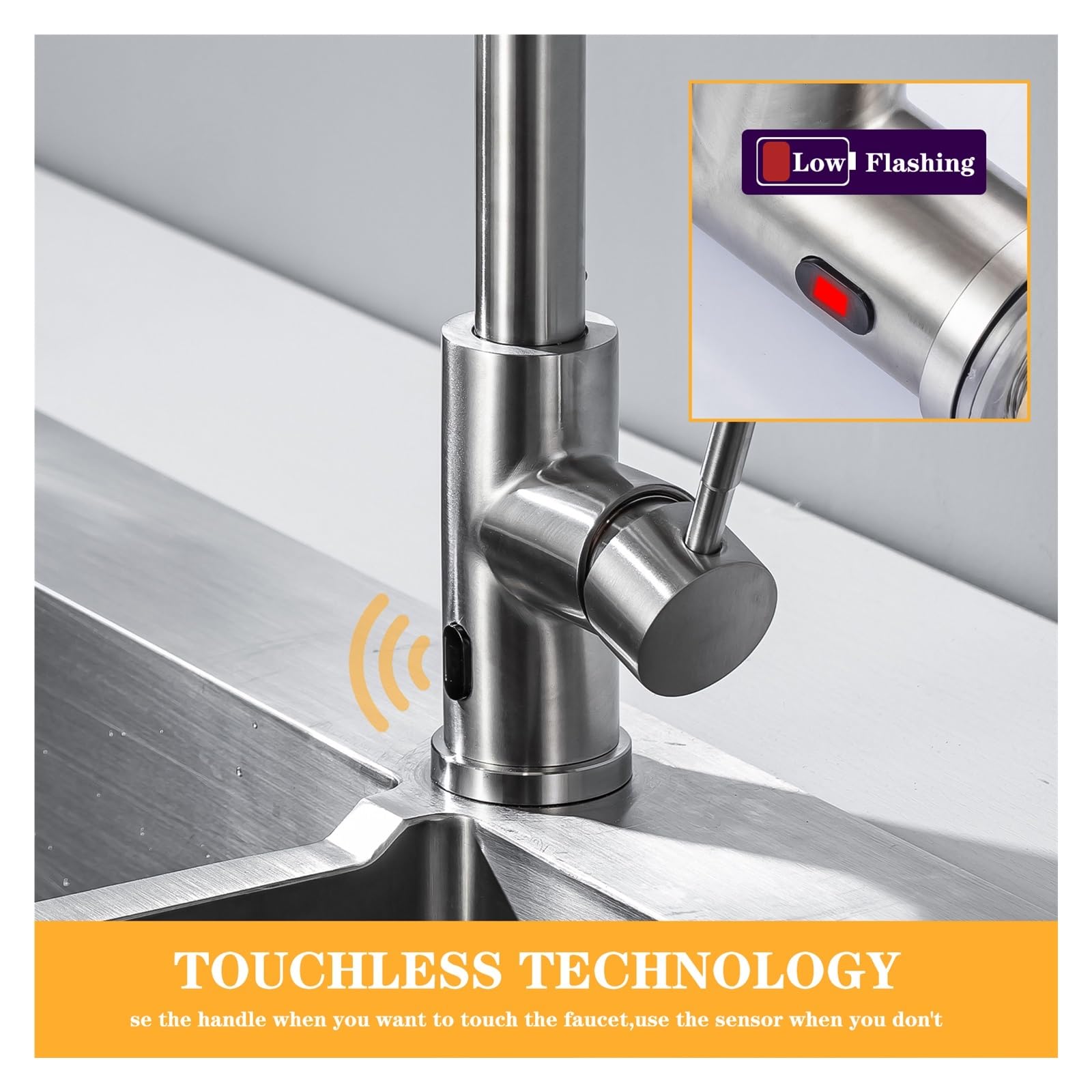 Rubinetto con sensore Automatico, Miscelatore touchless, Rubinetto Intelligente per Cucina, Rubinetto a infrarossi Spazzolato, Rubinetto a infrarossi Nero/Nichel (Hwx-Spazzolato)