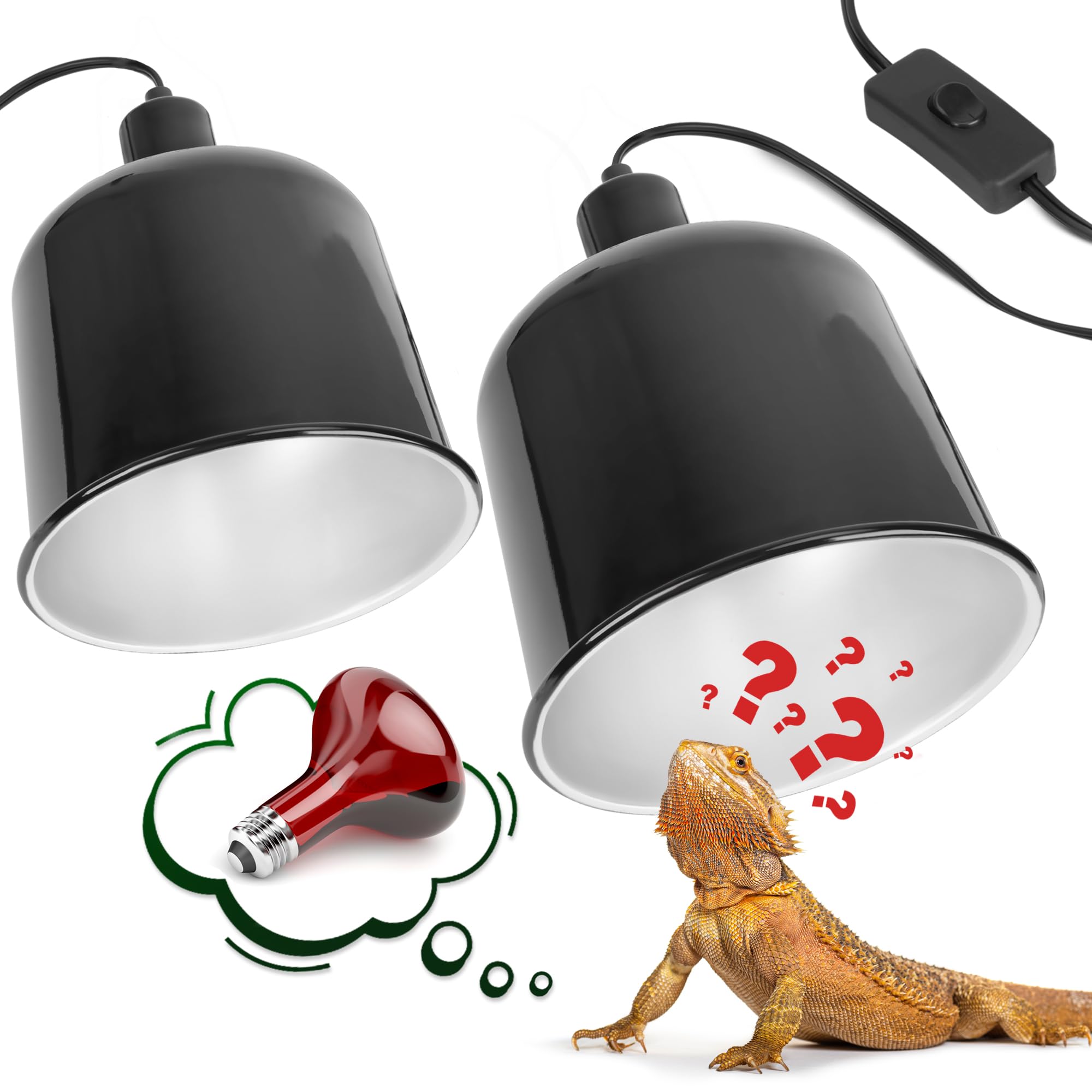 Paquete de 2 lámparas de cúpula de reptil, 7.5 pulgadas de profundidad, lámpara de cúpula de reptil, aluminio para terrario de reptiles con enchufe de cerámica e interruptor individual