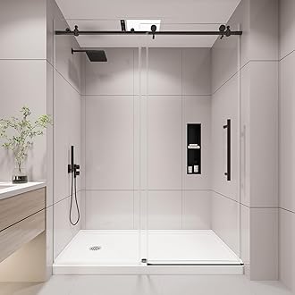 KPUY Frameless Shower Door, 55-60" W x 76" H Sliding Glass Shower Door, 1/4" (6mm) Thick Tempered Clear Glass with Explosion-Proof Film Nano Coating, Stainless Steel Hardware, Matte Black