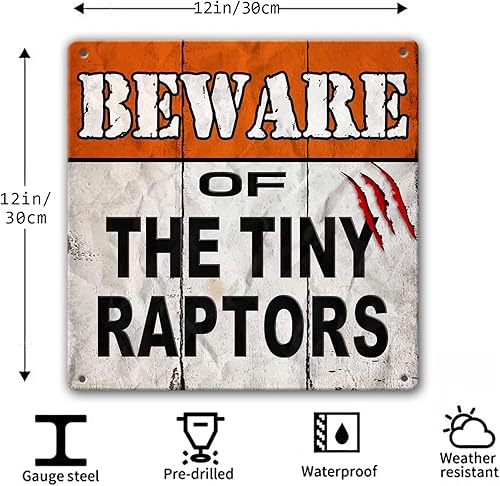 Miniatura 2 de Letreros de metal divertidos para granja de gallineros, letreros de hojalata de pollos con cuidado con pequeños raptores, divertidos letreros de